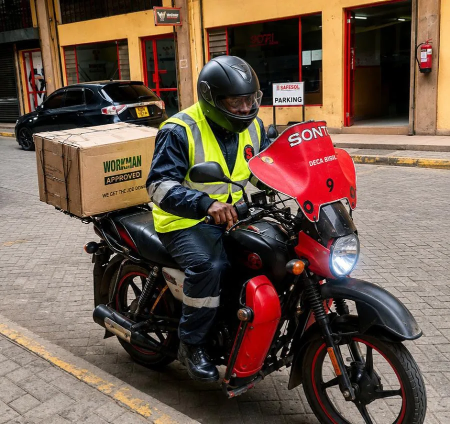 SAFESOL boda rider wearing a full-face helmet, high-visibility vest and protective workwear on a motorcycle
