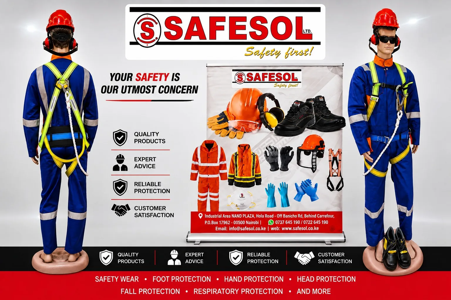 SAFESOL safety PPE display showing quality products, expert advice, reliable protection and customer satisfaction, with safety wear, foot protection, hand protection, head protection, fall protection and respiratory protection